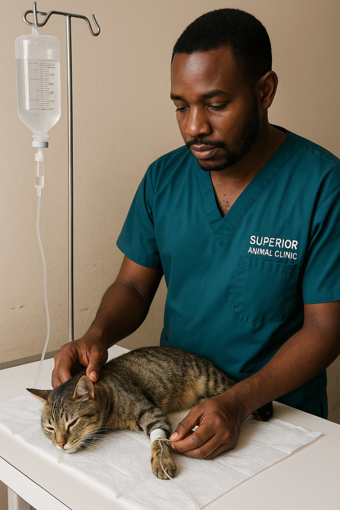 Cat receiving IV fluids for vomiting at veterinary hospital in Kampala Uganda