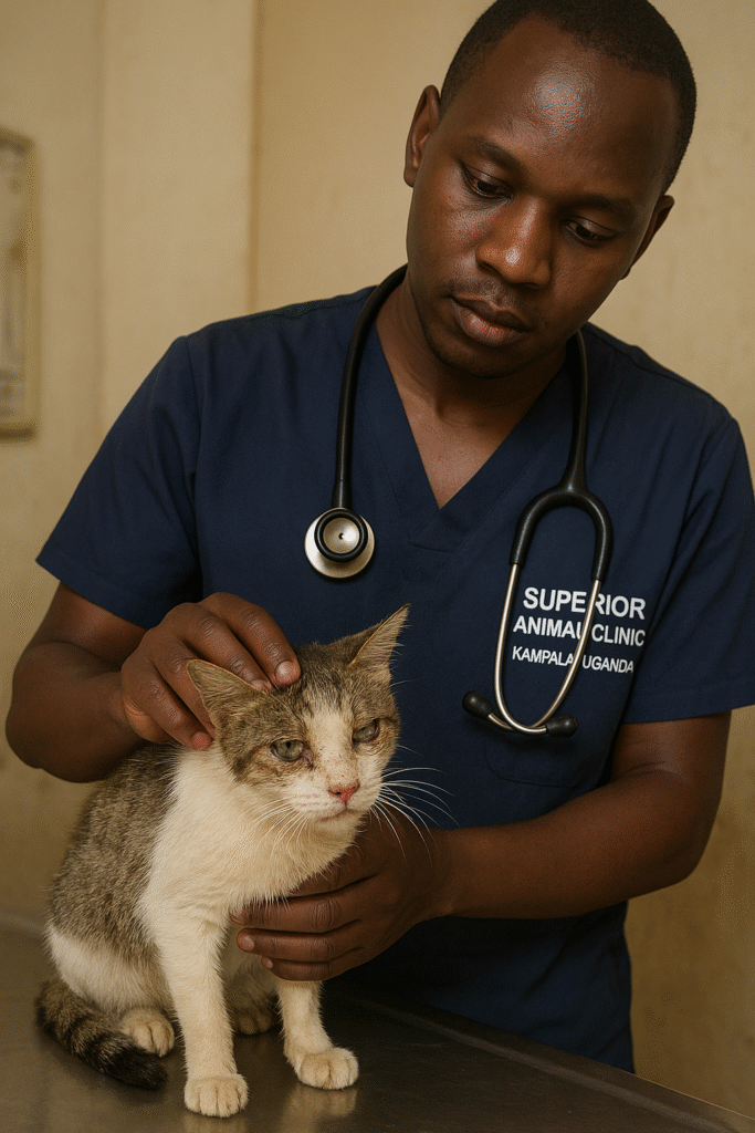 Cat with eye discharge from flu receiving veterinary care in Kampala Uganda