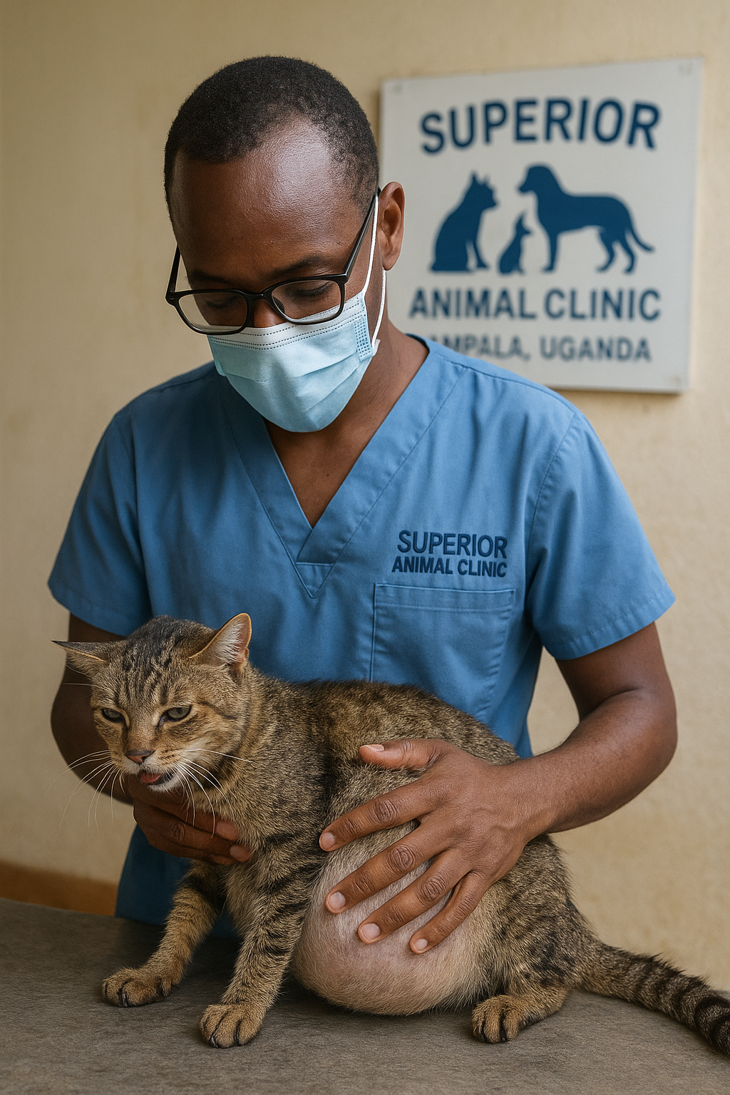 Cat with swollen belly and breathing problems being examined for FIP in Muyenga Kampala