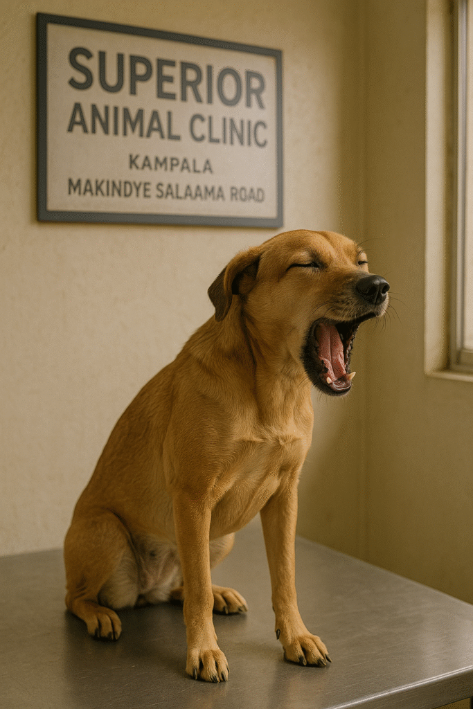 Dog coughing at Superior Animal Clinic in Makindye along Salaama Road, Kampala Uganda, during veterinary checkup