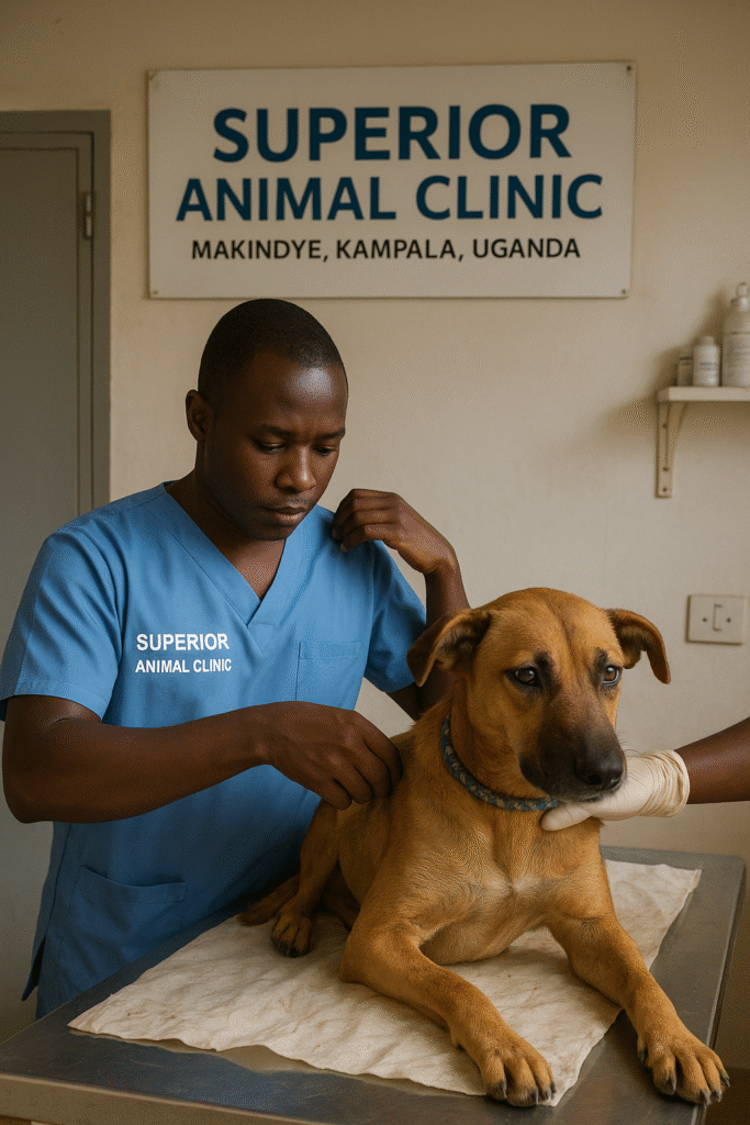 Dog with a vet at Superior Animal Clinic in Makindye being treated for tick fever in Kampala, Uganda