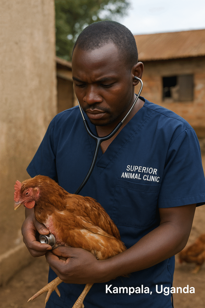 Poultry doctor examining sick chicken in Kampala Uganda