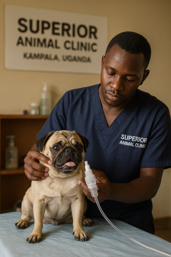 Pug dog with kennel cough receiving treatment at Superior Animal Clinic Kampala
