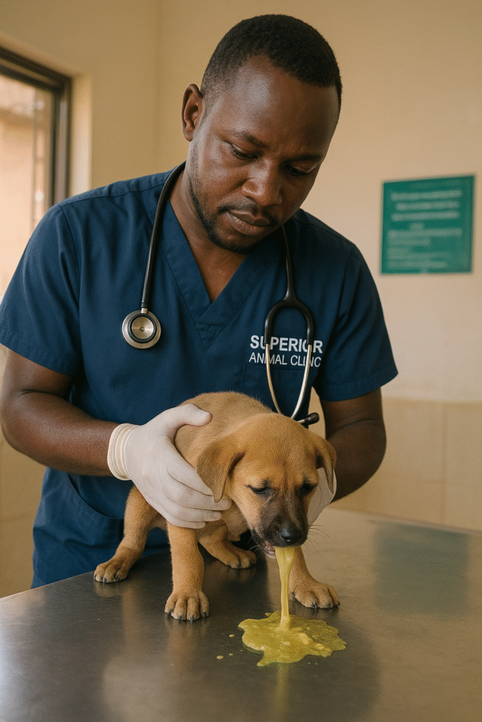 Puppy vomiting being treated by a vet in Kampala at Superior Animal Clinic