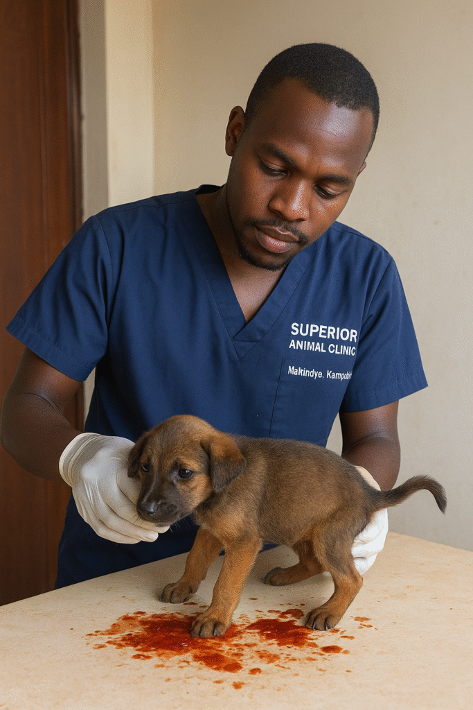 Puppy with bloody diarrhea being examined by a vet in Makindye Kampala Uganda