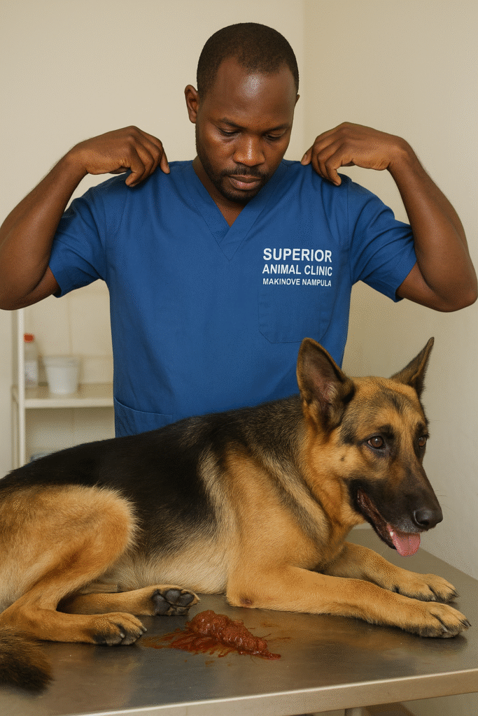 Superior Animal Clinic Kampala treating German Shepherd with bloody diarrhea