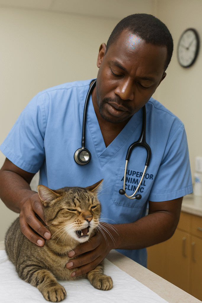 Ugandan vet examining cat is sneezing and having a cold at Superior Animal Clinic