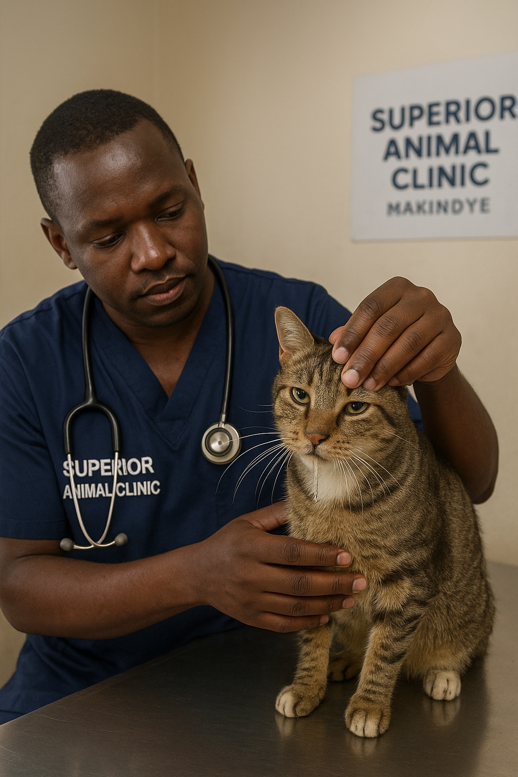 Ugandan vet examining cat with sneezing and nasal discharge at Superior Animal Clinic