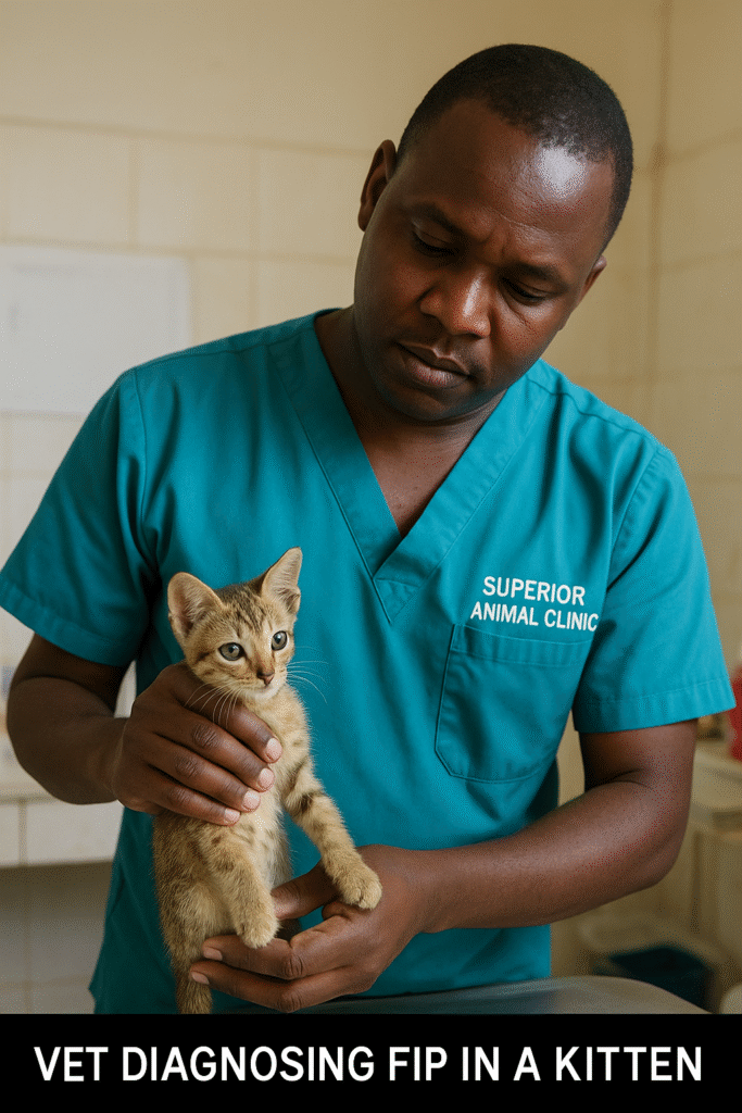 Vet diagnosing feline infectious peritonitis in a kitten at a Kampala veterinary clinic