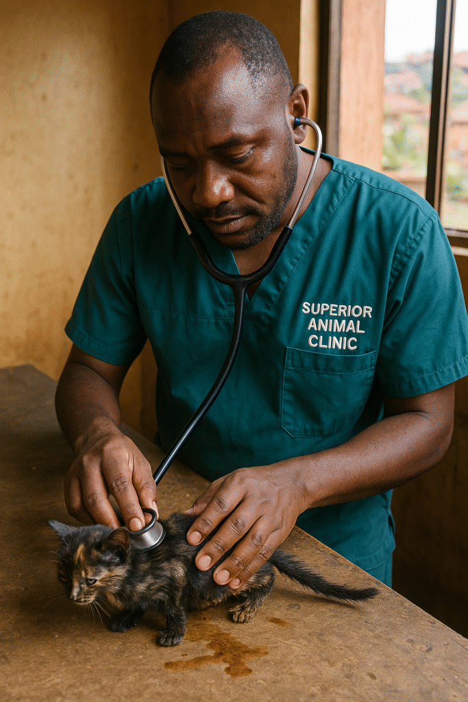 Vet examining kitten with diarrhea in Muyenga Kampala Uganda