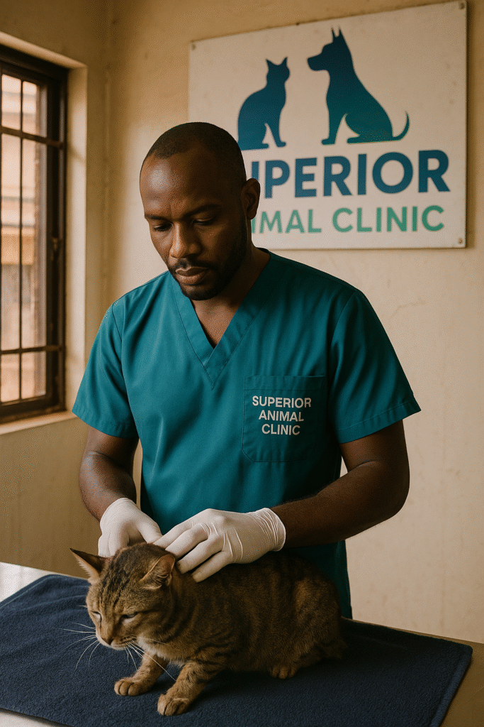 Vet examining sick cat with vomiting problems in Lubowa, Seguku, and Ndejje Kampala Uganda