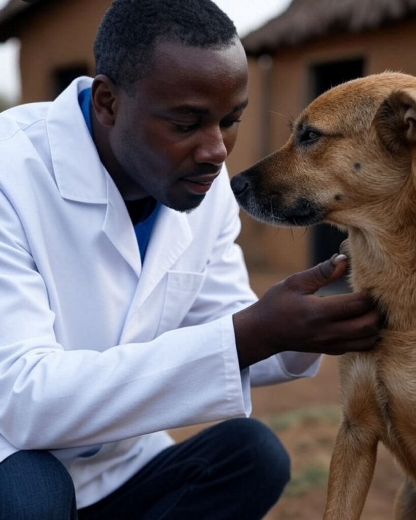 Vet explaining aural hematoma treatment options to dog owner in Kampala