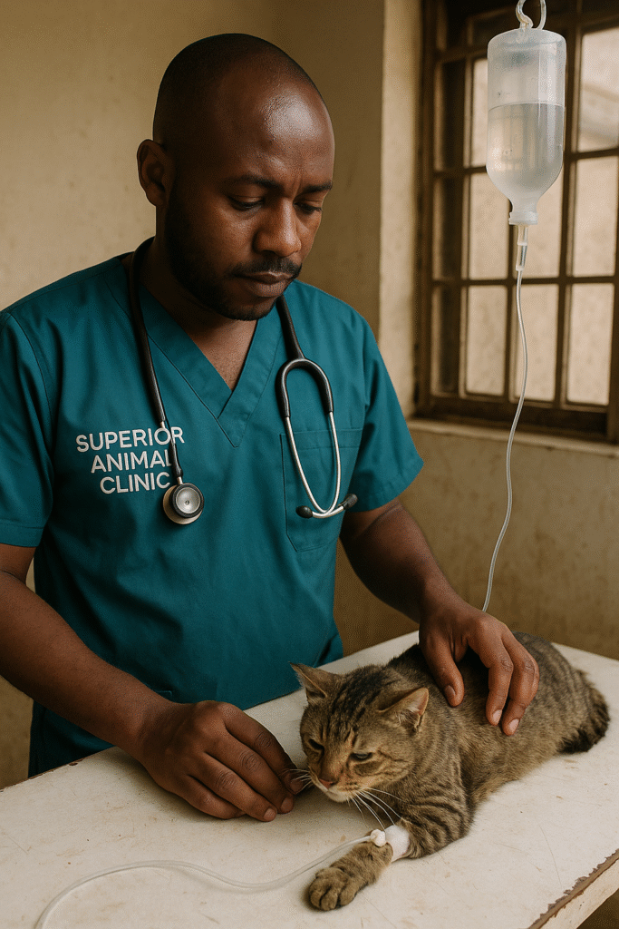 Vet giving IV fluids to cat with severe diarrhea at Superior Animal Clinic Kampala
