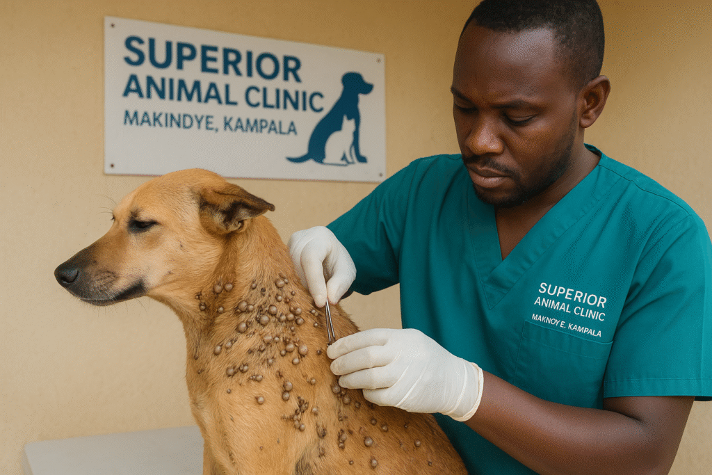 Vet removing ticks from a dog at Superior Animal Clinic in Makindye Kampala Uganda