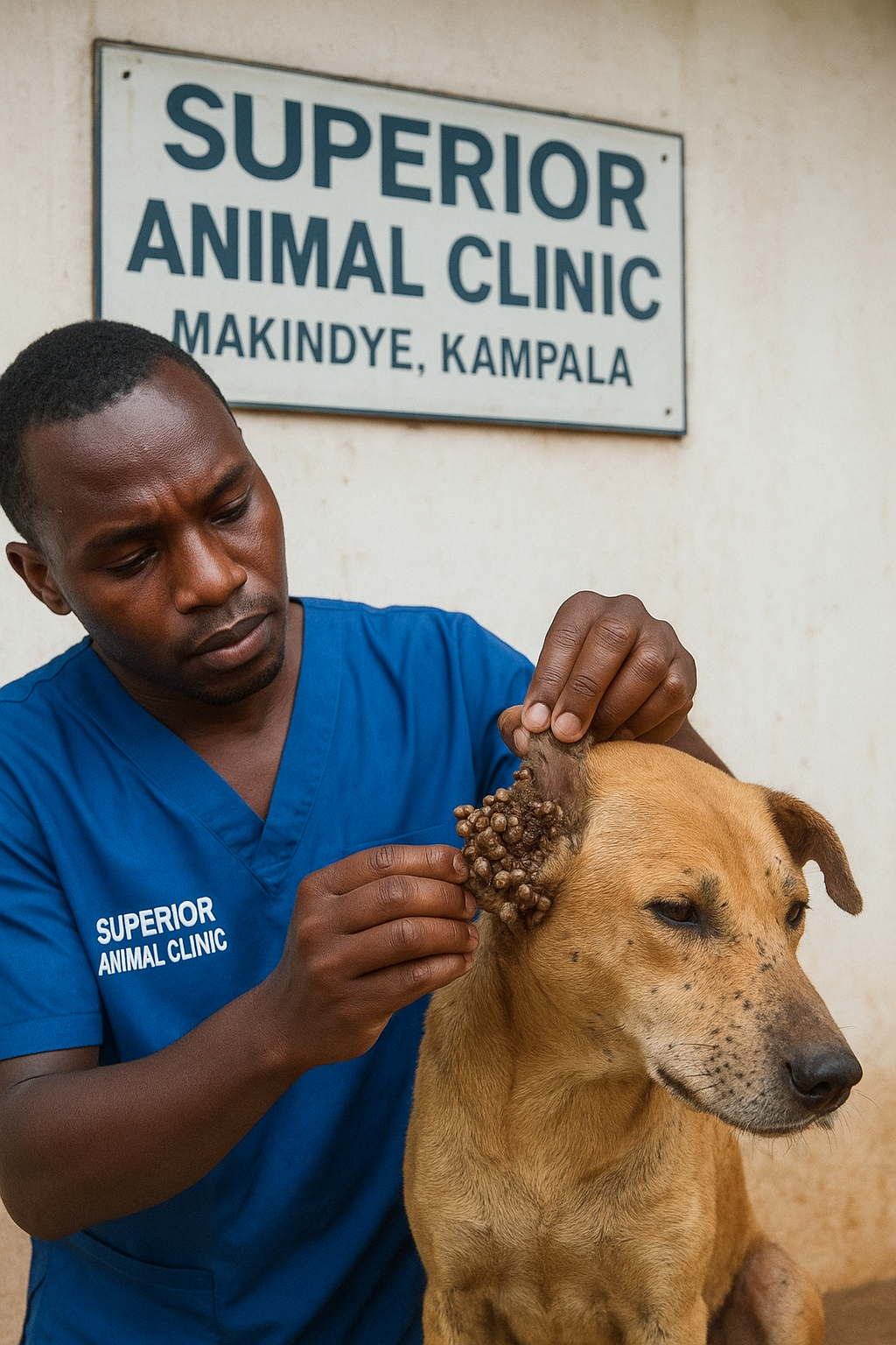 Vet removing ticks from a dog’s ears at Superior Animal Clinic in Makindye Kampala Uganda