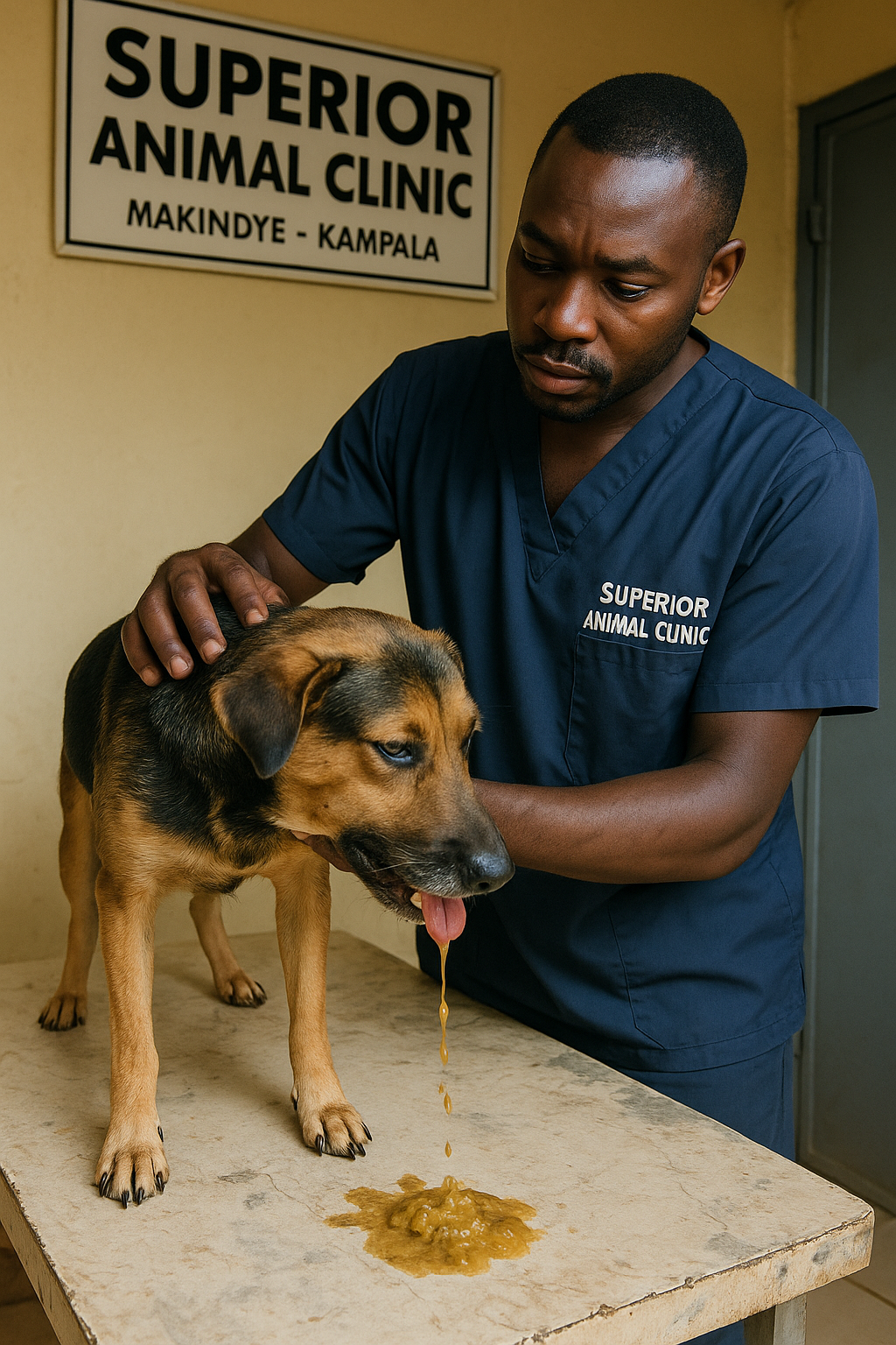 Vet treating a dog vomiting at Superior Animal Clinic Makindye Kampala Uganda