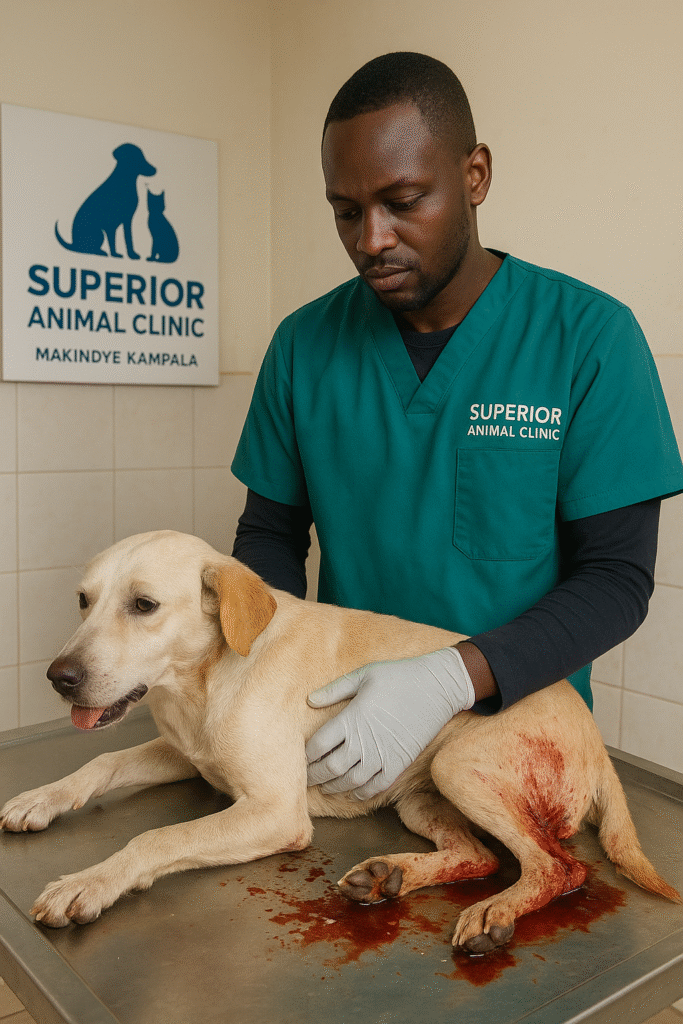 Vet treating dog with bloody diarrhea at Superior Animal Clinic in Makindye Kampala Uganda