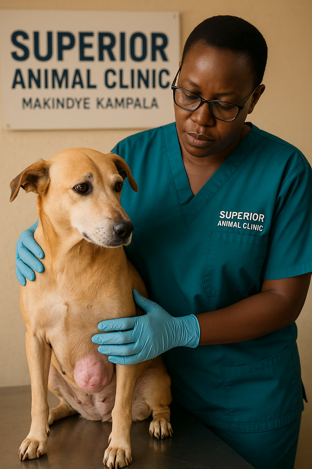 Veterinarian at Superior Animal Clinic Makindye Kampala examining dog with breast cancer lump