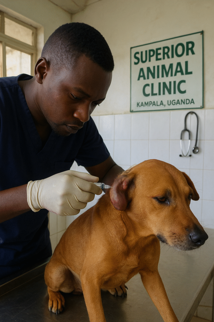 Veterinarian at Superior Animal Clinic in Kampala treating a dog with aural hematoma using a syringe