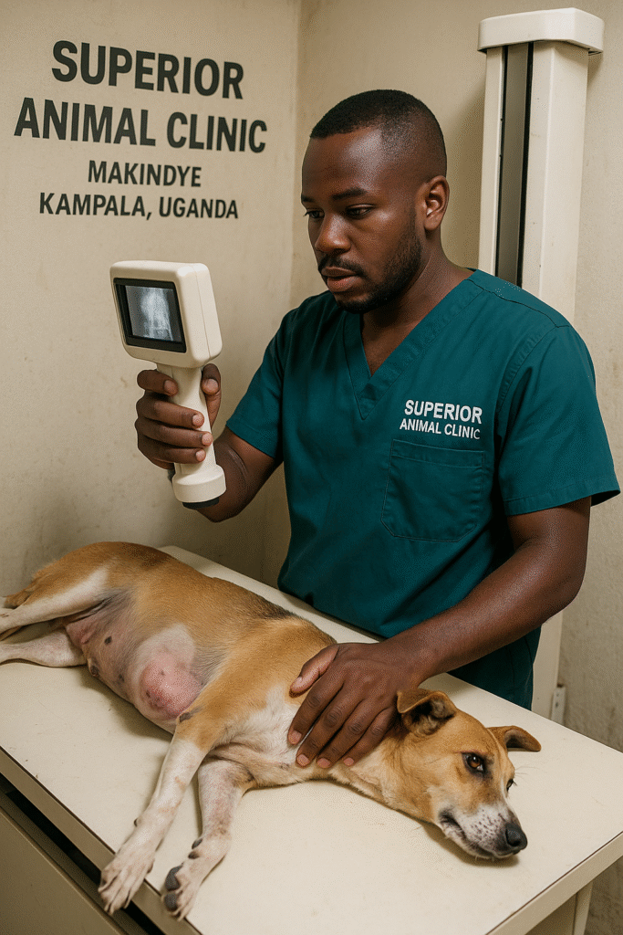 Veterinarian at Superior Animal Clinic in Makindye, Kampala, Uganda taking an X-ray of a dog with breast cancer