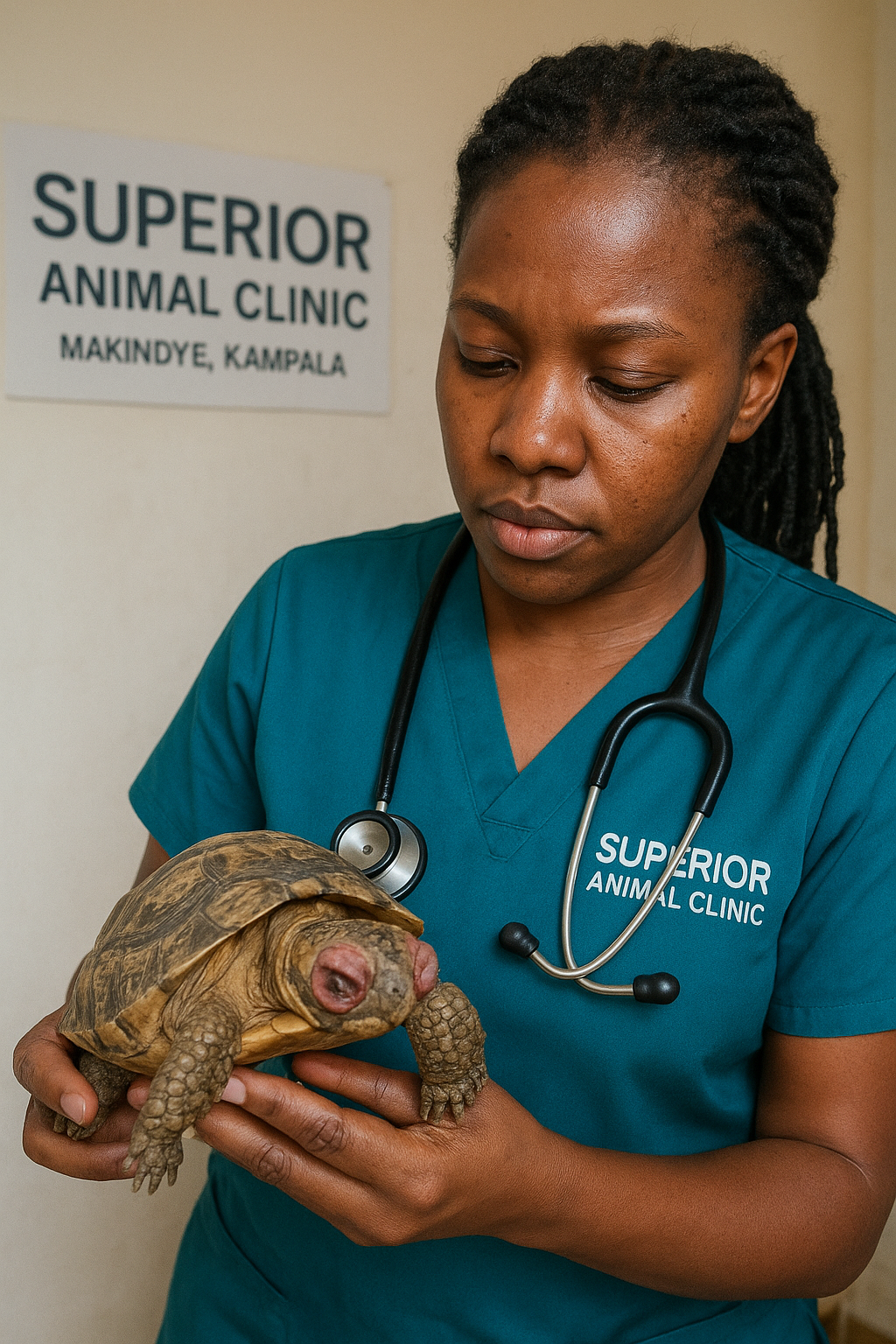 Veterinarian at Superior Animal Clinic in Makindye Kampala treating a sick tortoise with swollen eyes