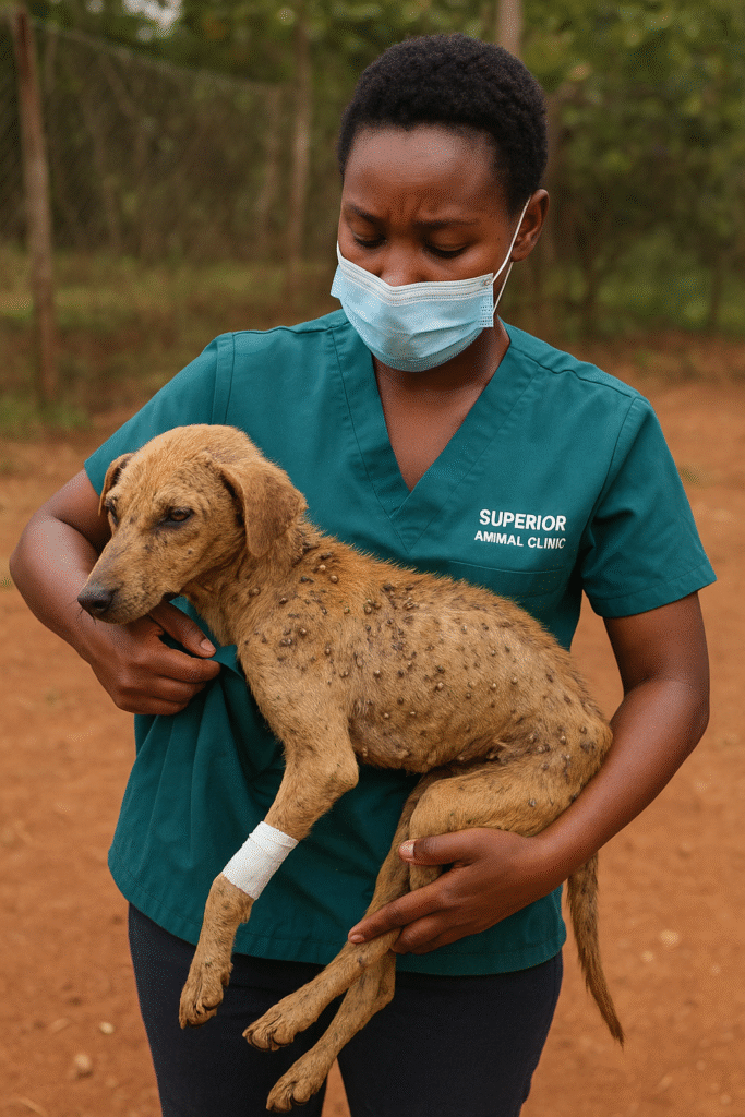 Veterinarian from Superior Animal Clinic in Kampala, Uganda rescuing a thin dog with a broken leg and heavy tick infestation