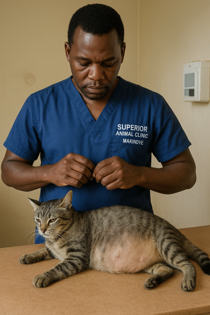 Veterinarian in Kampala treating a cat with Feline Infectious Peritonitis at Superior Animal Clinic Makindye