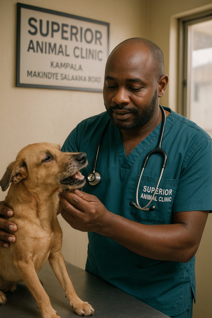 Veterinarian in Kampala treating a dog with cough at Superior Animal Clinic Makindye Salaama Road