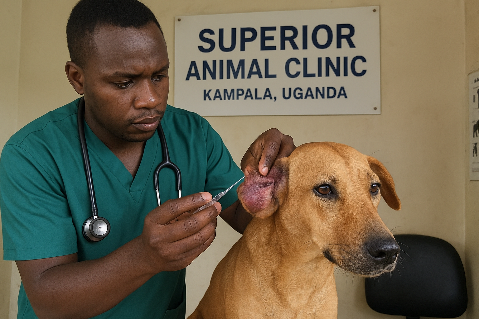 Veterinarian in green scrubs treating a dog’s aural hematoma at Superior Animal Clinic in Kampala, Uganda