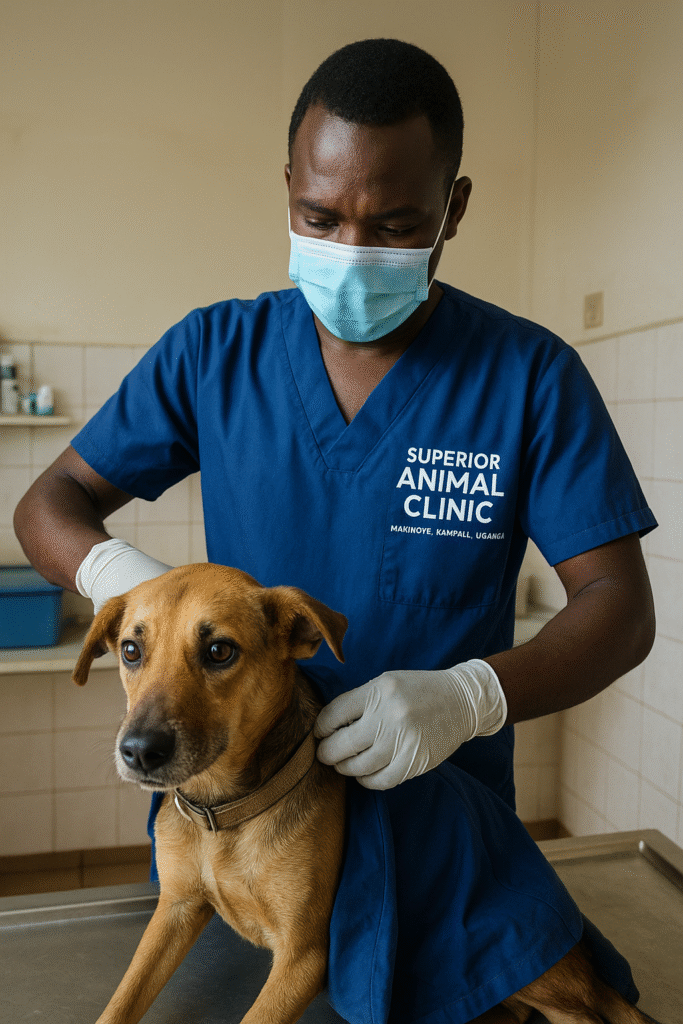Veterinarian treating a rescued dog at Superior Animal Clinic Makindye Kampala Uganda