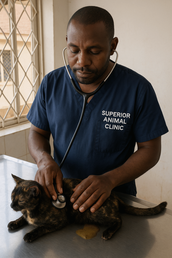 Veterinarian treating cat diarrhea at Superior Animal Clinic Makindye Kampala Uganda