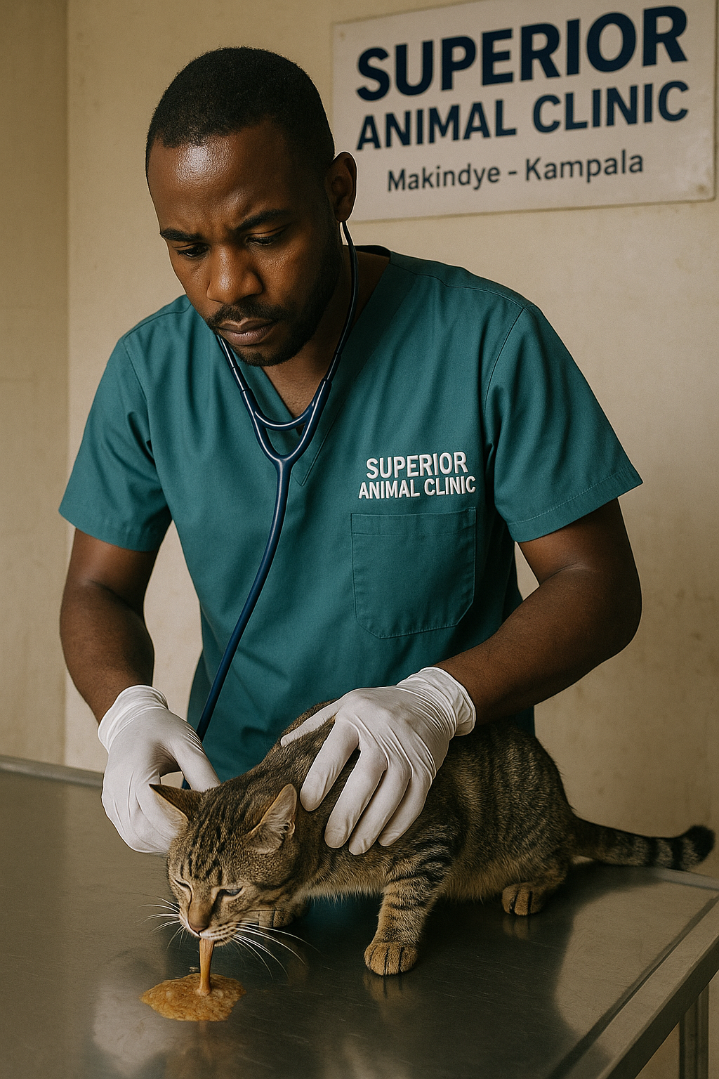 Veterinarian treating cat vomiting at Superior Animal Clinic Makindye Kampala Uganda