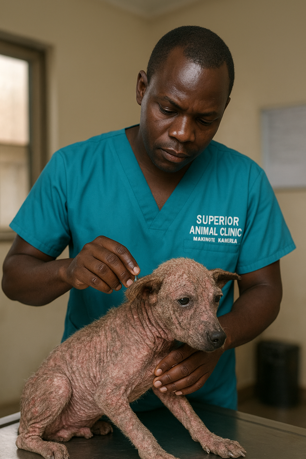 Veterinarian treating dog with mange at Superior Animal Clinic Makindye Kampala Uganda