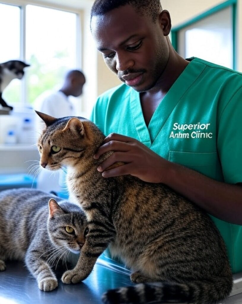 Veterinary Cat behaviorist helping stressed cat in Kampala, Uganda at Superior Animal Clinic