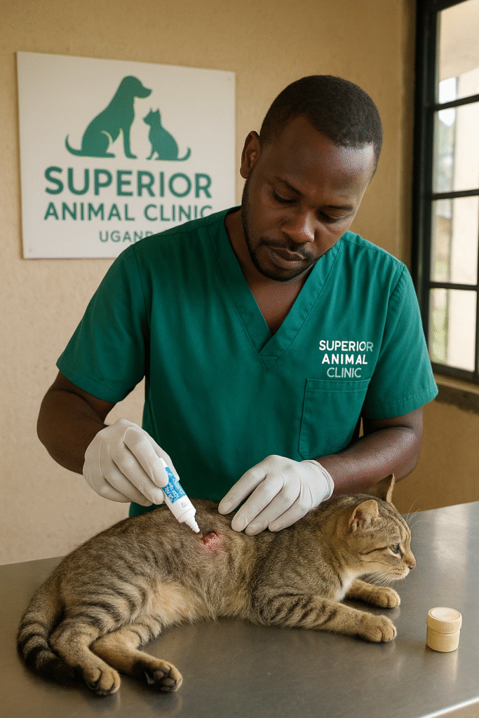Veterinary doctor applying antibiotic ointment to cat wound at Superior Animal Clinic Uganda