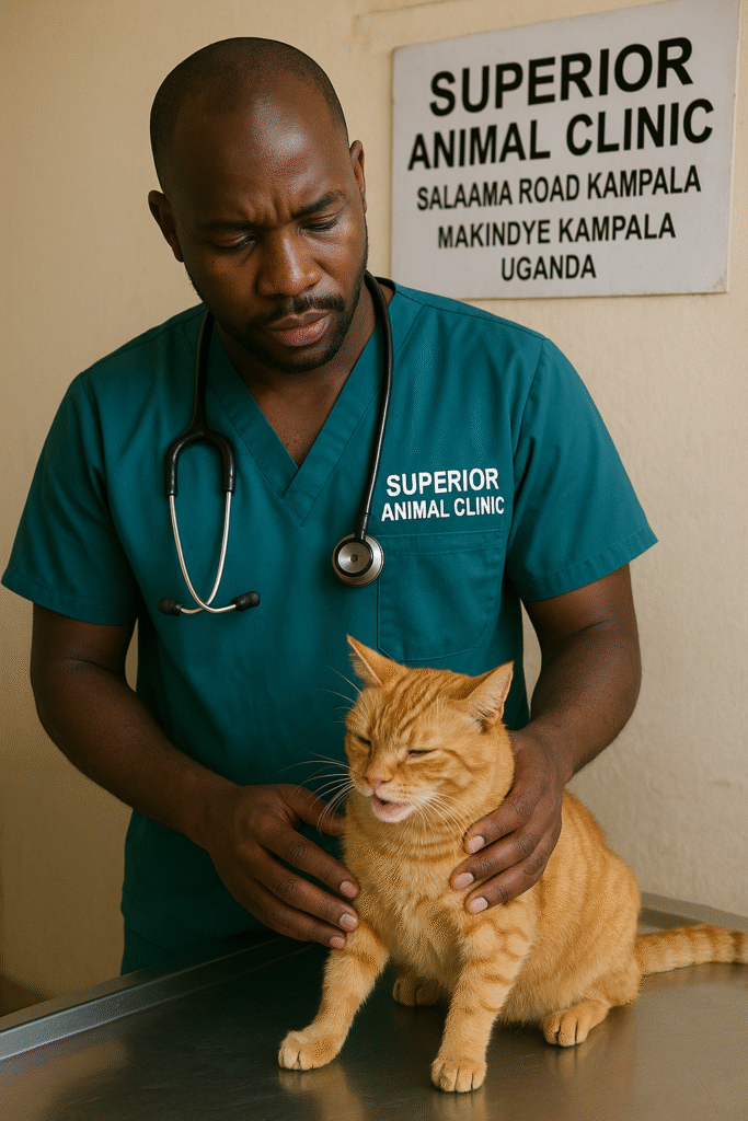 Veterinary doctor checking vomiting cat at Superior Animal Clinic Salaama Road Kampala