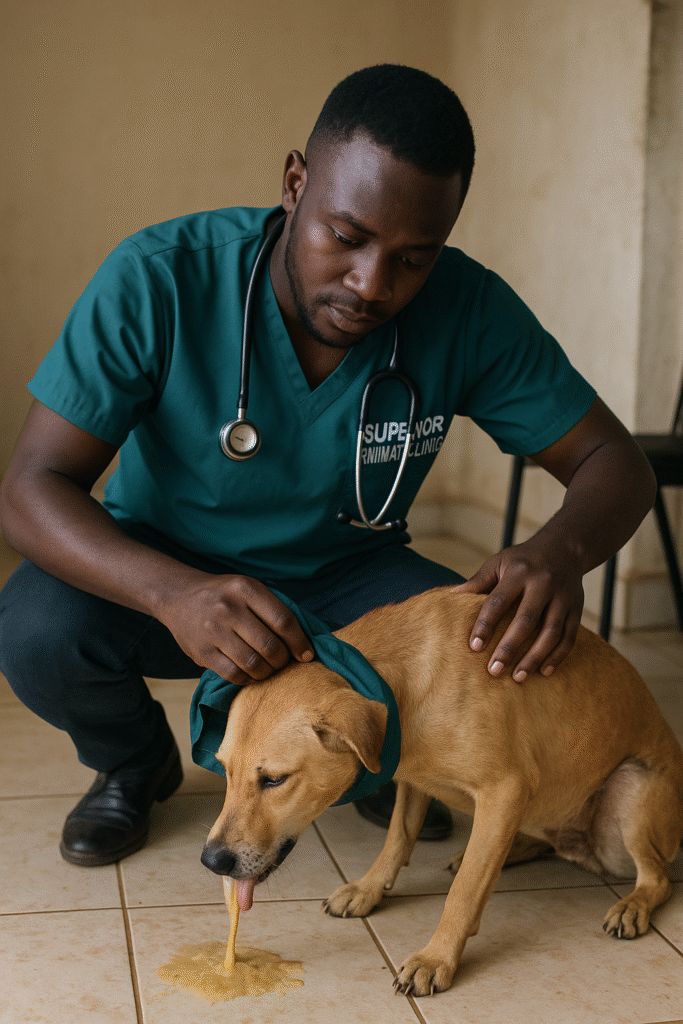 Veterinary doctor examining a vomiting dog in Bugolobi, Nakawa, Kampala Uganda