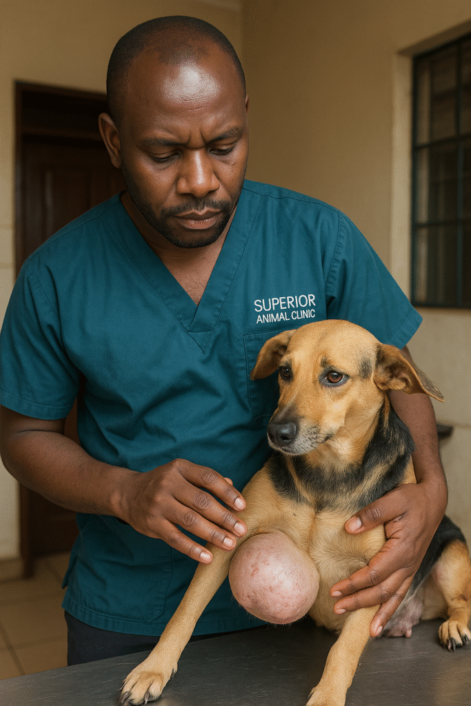 Veterinary doctor in Kampala checking dog with swollen breast at Superior Animal Clinic
