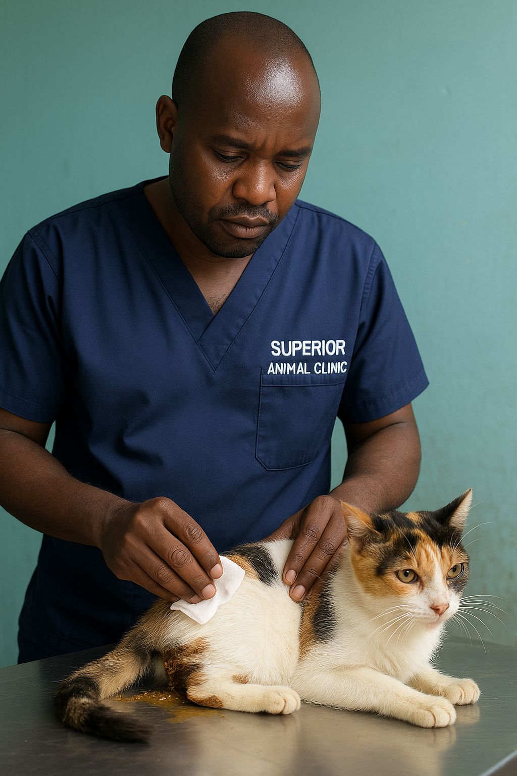 Veterinary doctor treating cat with diarrhea at Superior Animal Clinic Makindye Kampala Uganda