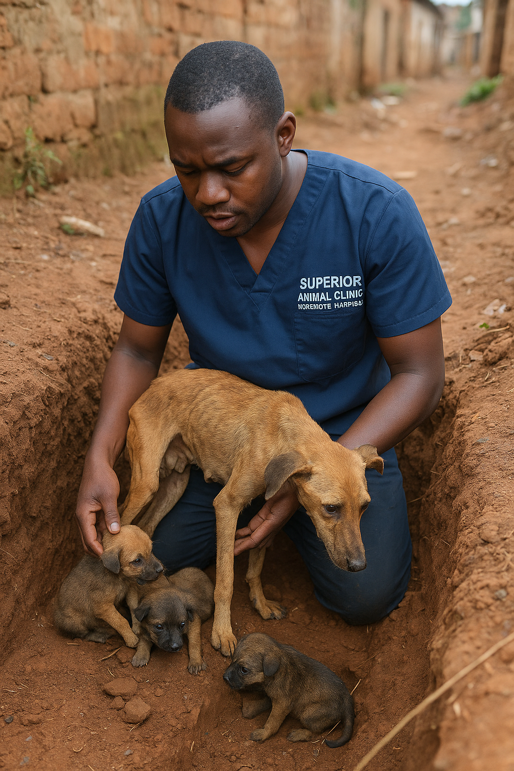 rescuing puppies puppies from a trench in Kampala, Uganda by a vet at Superior Animal Clinic