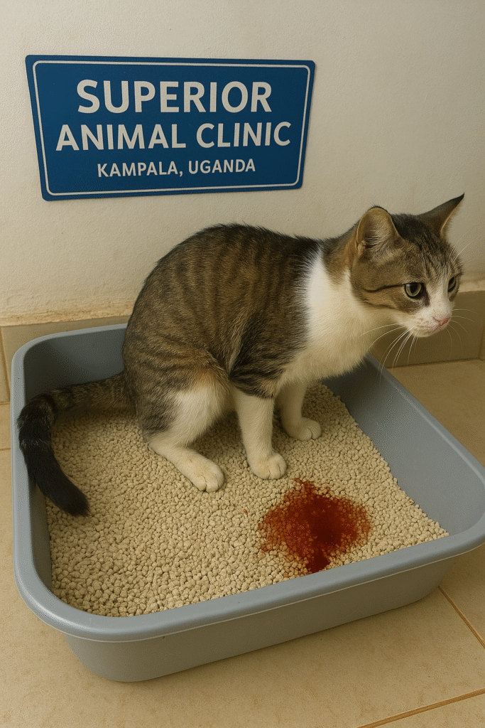 A tabby-and-white cat is seen urinating bloody urine in a gray litter box with clumping litter on a tiled floor at Superior Animal Clinic, Kampala, Uganda,
