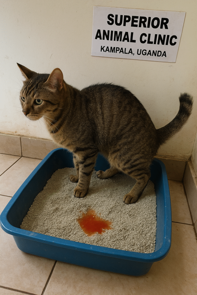 A tabby cat in a blue litter box at Superior Animal Clinic, Kampala, Uganda, with visible blood-tinged urine on the gray litter