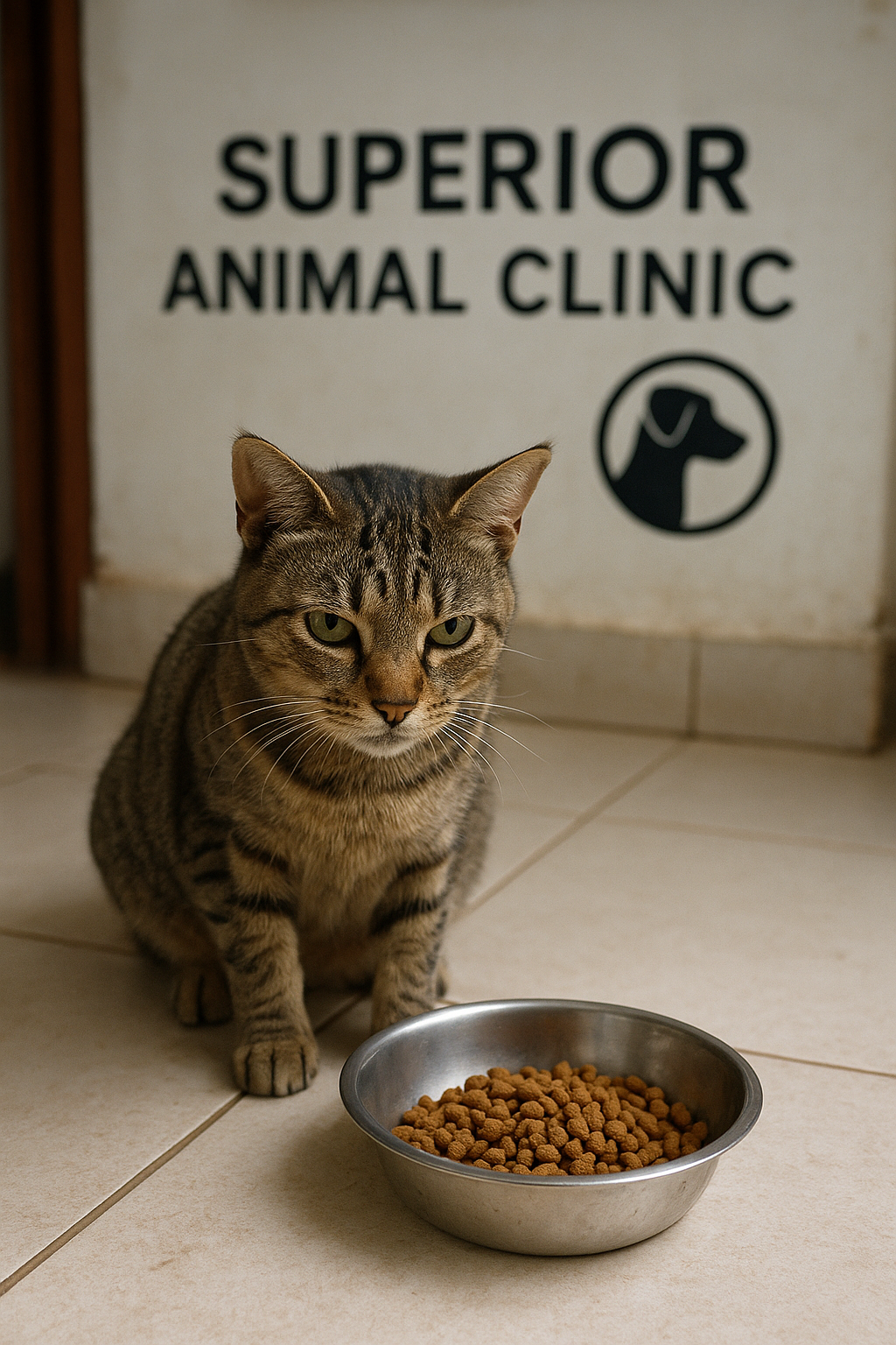 A tabby cat with green eyes sits on a tiled floor in front of a bowl of uneaten kibble at Superior Animal Clinic in Kampala, Uganda, appearing uninterested in the food