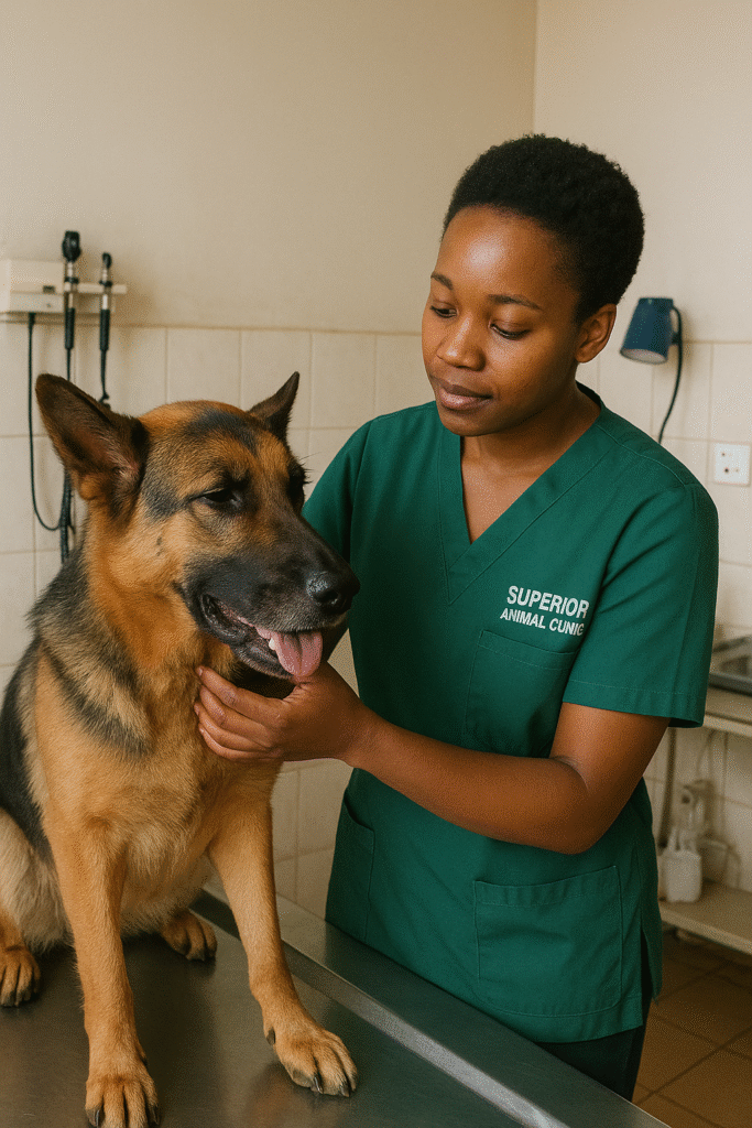 African female veterinarian in green scrub top labeled 'Superior Animal Clinic' examining a German Shepherd dog coughing