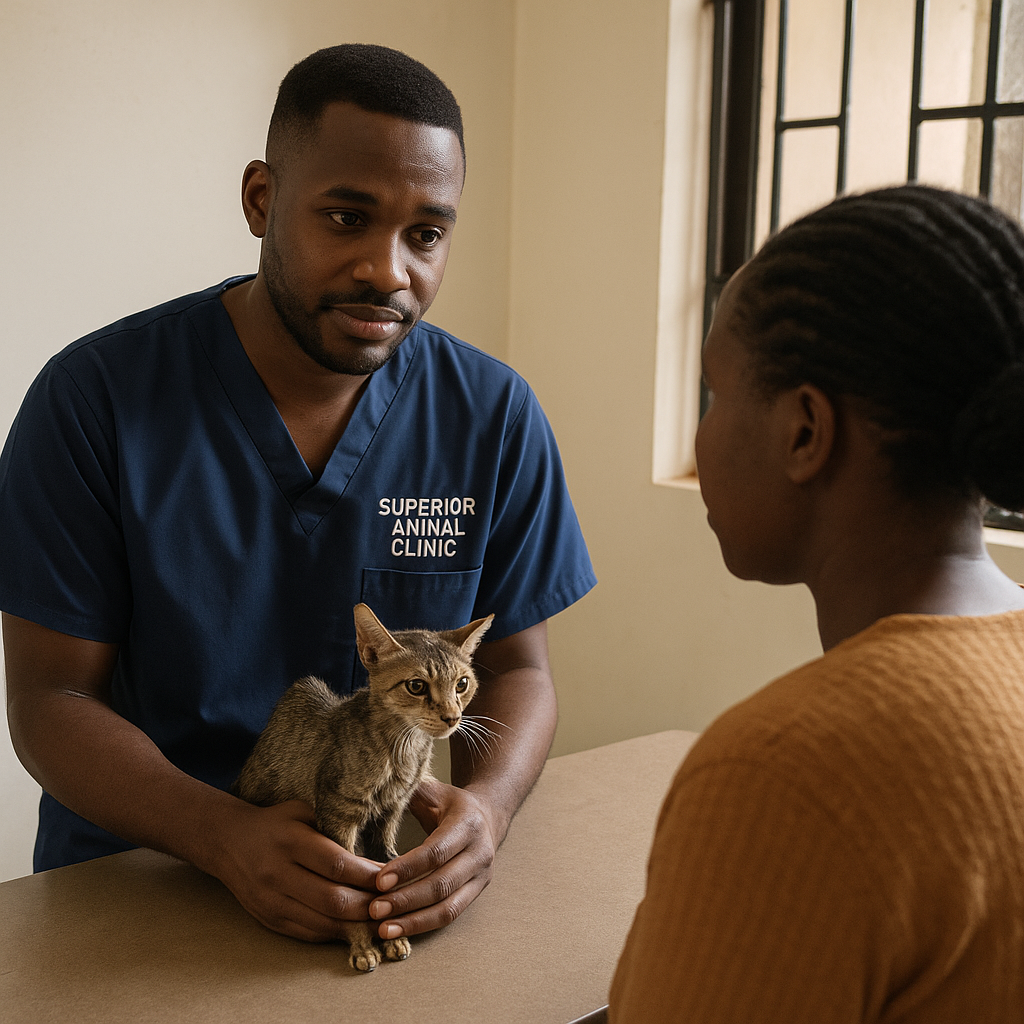 Cat owner consulting veterinarian about weight loss in Ntinda, Kampala