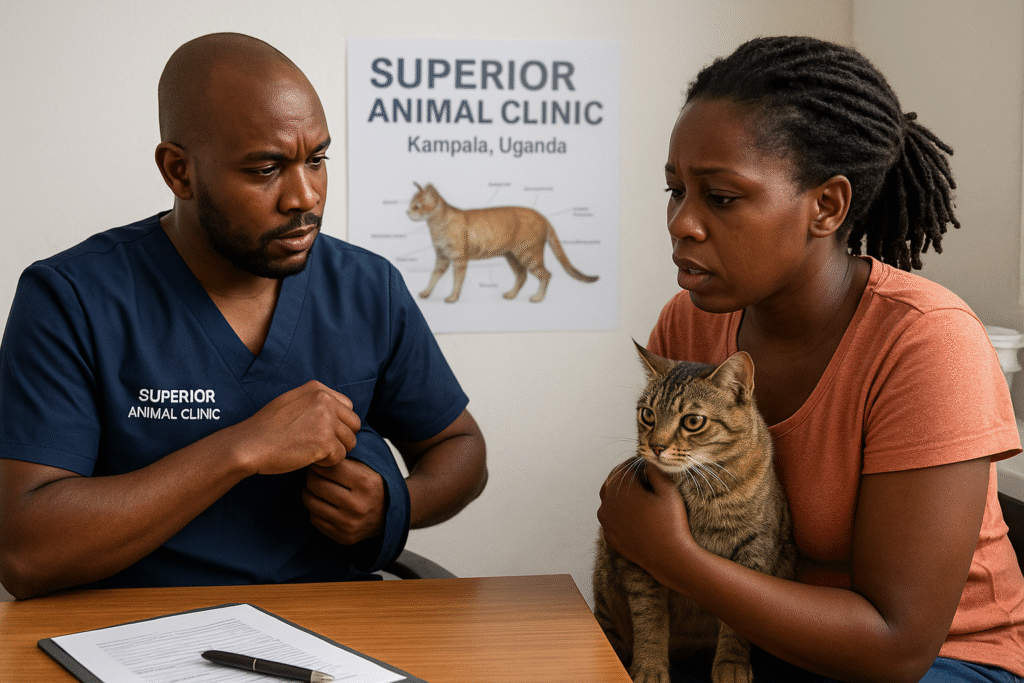 Cat owner in Kampala consulting a vet about cat refusal to eat at Superior Animal Clinic