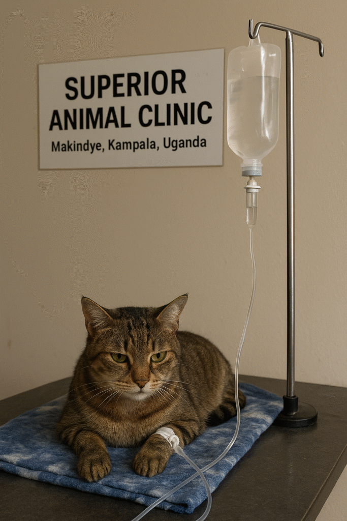 Cat receiving IV fluids for appetite loss at Superior Animal Clinic, Makindye, Kampala
