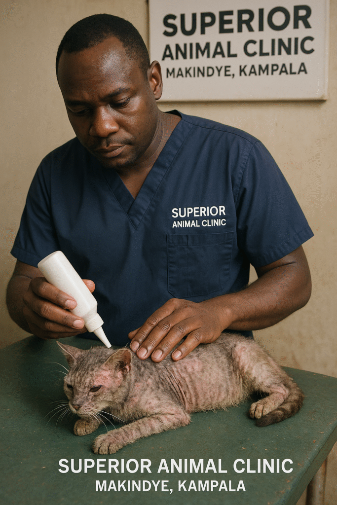 Cat with mange receiving treatment at Superior Animal Clinic Makindye, Kampala Uganda