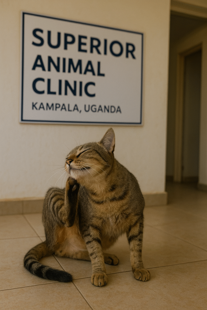 Cat with scratching issues getting professional care at Superior Animal Clinic Kampala