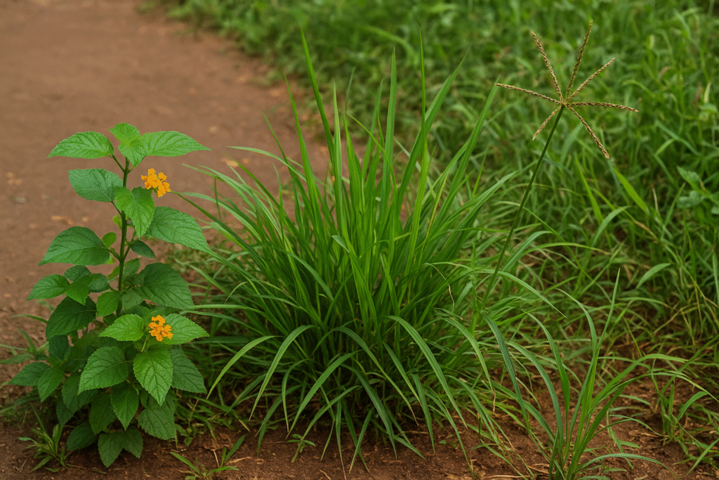 Close-up photo of three toxic grasses commonly eaten by cats in Kampala, Uganda — Lantana camara with yellow flowers, dense Bermuda grass, and star-shaped Nutgrass